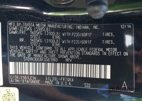 2015 Toyota Sienna Xle 8 Passenger from USA, damaged, VIN 5TDYK3DC6FS561960